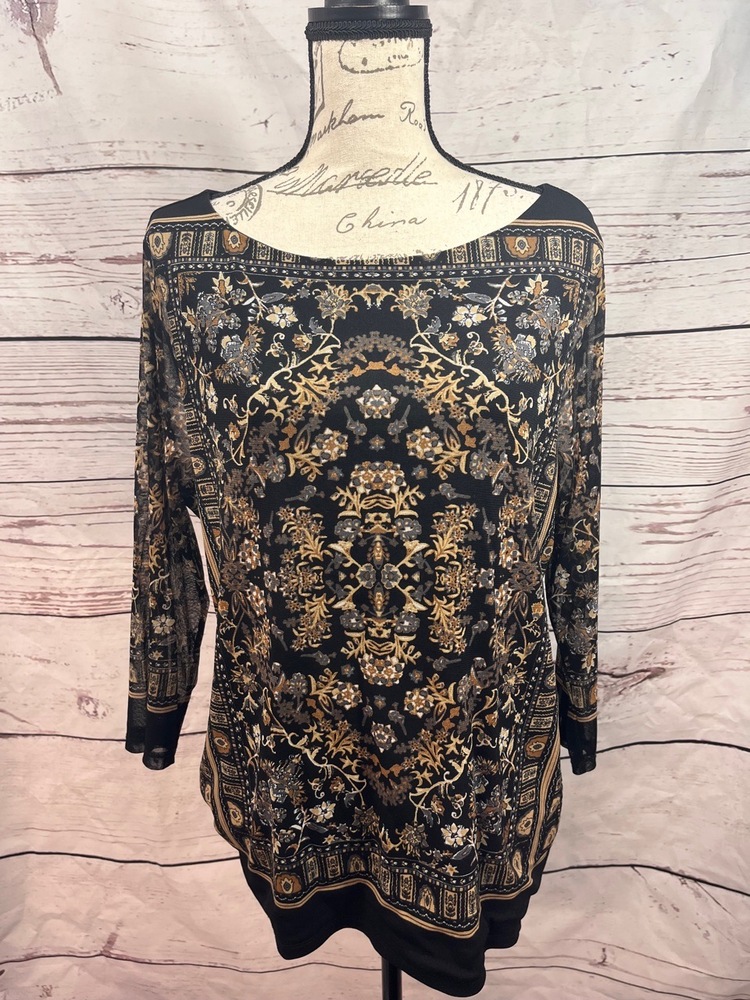 Charter Club Blouse Womens Size XXL Black Patterned Sheer Sleeve Boat Neck‎